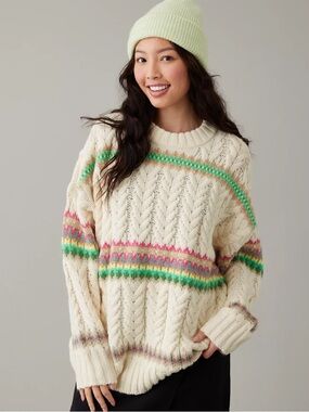 American Eagle Outfitters Cable-Knit Fair Isle Sweater with Colorful Details